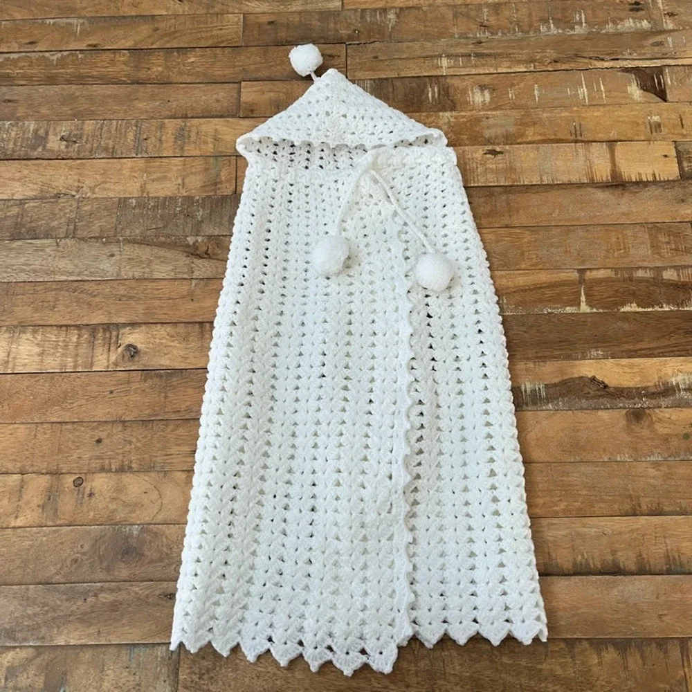 Handmade Crochet Hooded Shawl Cape Infant Toddler Unisex Adjustable Drawstring